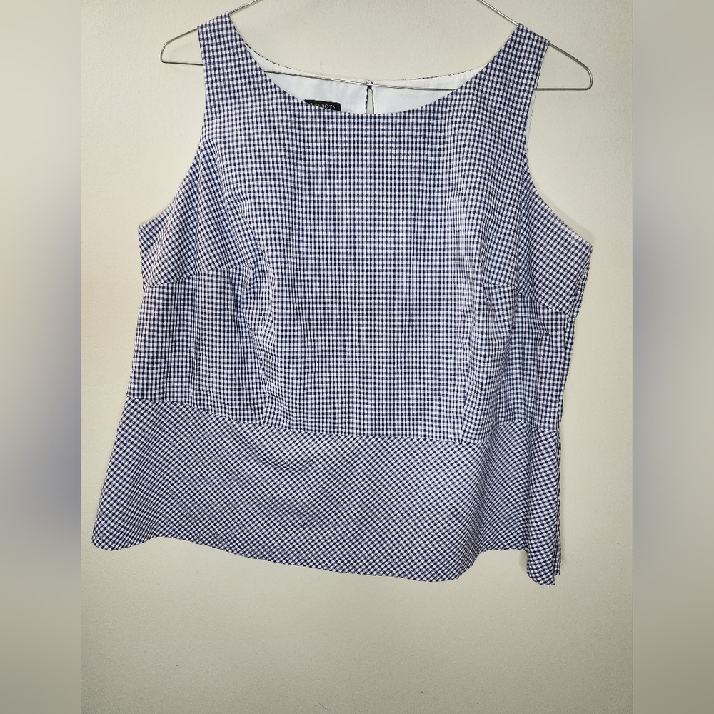 Talbots Womens 14WP Navy Blue Gingham Sleeveless Side Zip Lined Tank Top Shirt